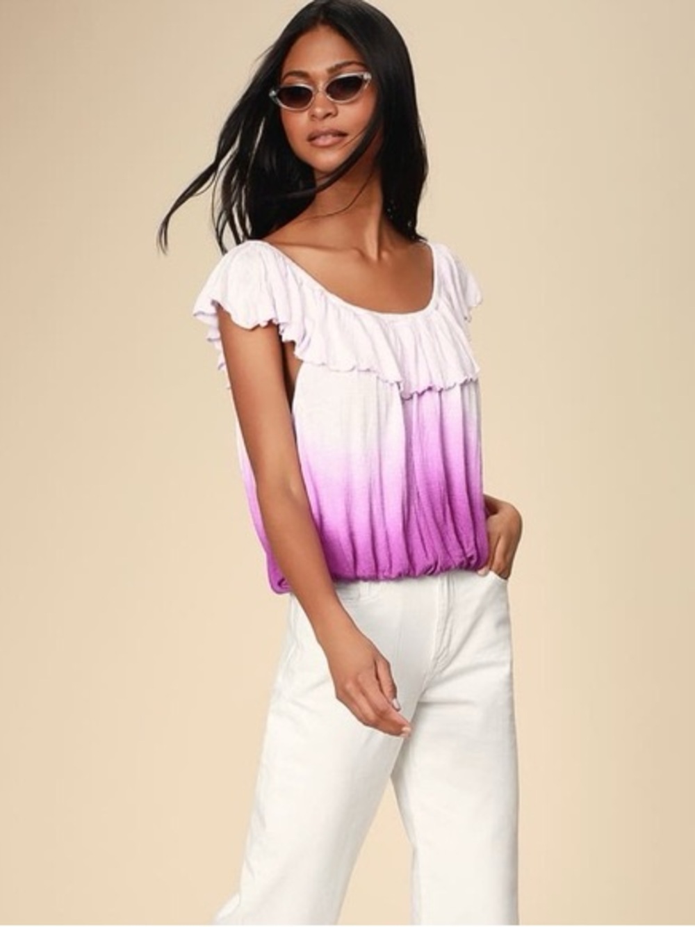 Free People Women's Pink Ombre Ruffle Scoop-Neck Top